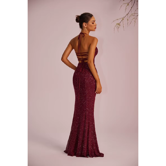 Elevate Your Evening Look with Our Burgundy Sequin Dress Featuring Chic Tied Straps and a Daring High Slit