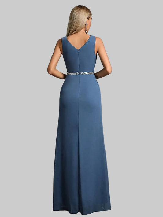 Elegant Shoulder Deep V-Neck Silver Sequin Belted Pleated Chiffon Slit Skirt Evening Gown - Perfect for Parties and Bridesmaids