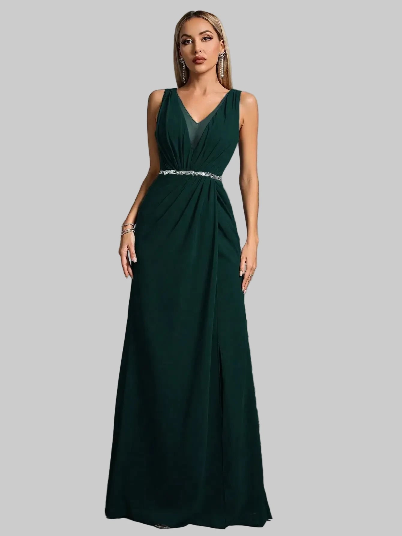 Elegant Shoulder Deep V-Neck Silver Sequin Belted Pleated Chiffon Slit Skirt Evening Gown - Perfect for Parties and Bridesmaids