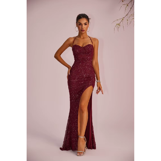 Elevate Your Evening Look with Our Burgundy Sequin Dress Featuring Chic Tied Straps and a Daring High Slit