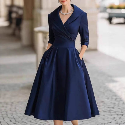 Fashion Solid Dress for Women Elegant Long Sleeve V Neck High Waist Loose Dresses Robe Femme Holiday Party Skirt Clothes New