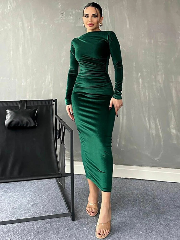 Elevate Your Style with the 2024 Spring Summer Velvet Long Sleeve Midi Dress – Perfect for Elegant Parties and Evening Outings in Stunning Green