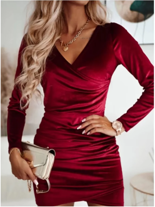 Elevate Your Style with Our Lady Bodycon Solid Color Velvet Dress - V-Neck, Long Sleeved, Perfect for Autumn & Winter Parties!