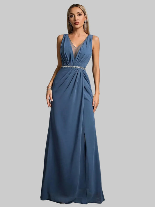 Elegant Shoulder Deep V-Neck Silver Sequin Belted Pleated Chiffon Slit Skirt Evening Gown - Perfect for Parties and Bridesmaids