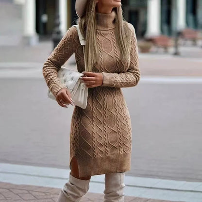 New Women's Knitted Long Sleeve Wrap Hip Skirt with High Neck