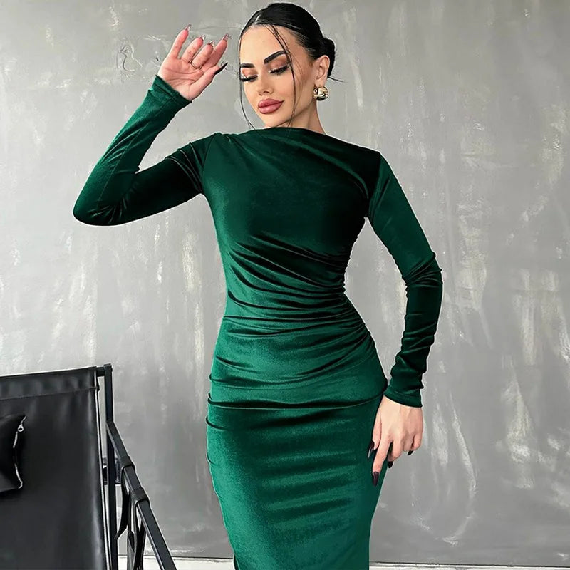 Elevate Your Style with the 2024 Spring Summer Velvet Long Sleeve Midi Dress – Perfect for Elegant Parties and Evening Outings in Stunning Green