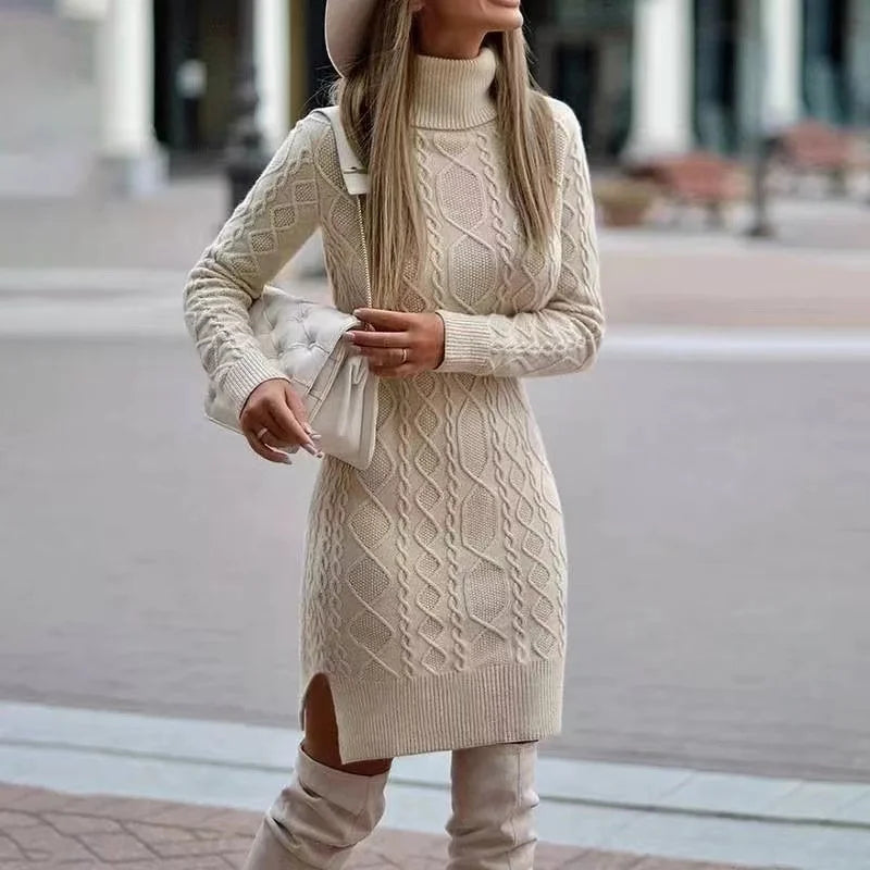 New Women's Knitted Long Sleeve Wrap Hip Skirt with High Neck