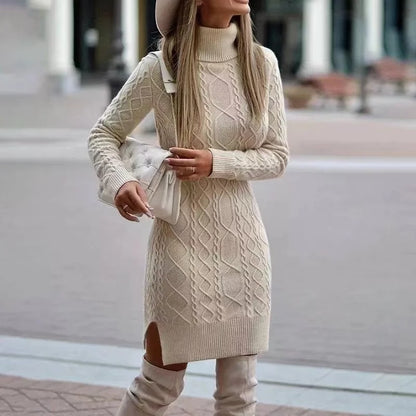 New Women's Knitted Long Sleeve Wrap Hip Skirt with High Neck