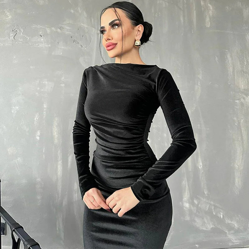 Elevate Your Style with the 2024 Spring Summer Velvet Long Sleeve Midi Dress – Perfect for Elegant Parties and Evening Outings in Stunning Green