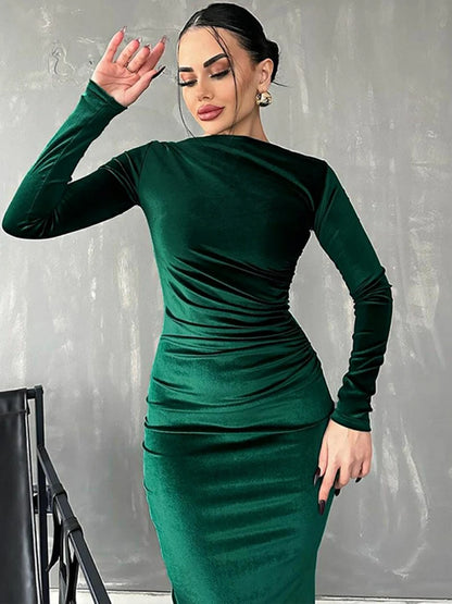 Elevate Your Style with the 2024 Spring Summer Velvet Long Sleeve Midi Dress – Perfect for Elegant Parties and Evening Outings in Stunning Green
