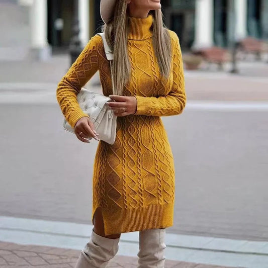 New Women's Knitted Long Sleeve Wrap Hip Skirt with High Neck